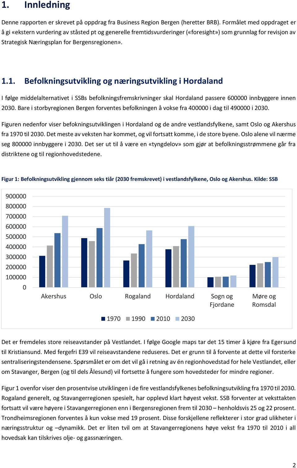 1. Befolkningsutvikling og næringsutvikling i Hordaland I følge middelalternativet i SSBs befolkningsfremskrivninger skal Hordaland passere 600000 innbyggere innen 2030.