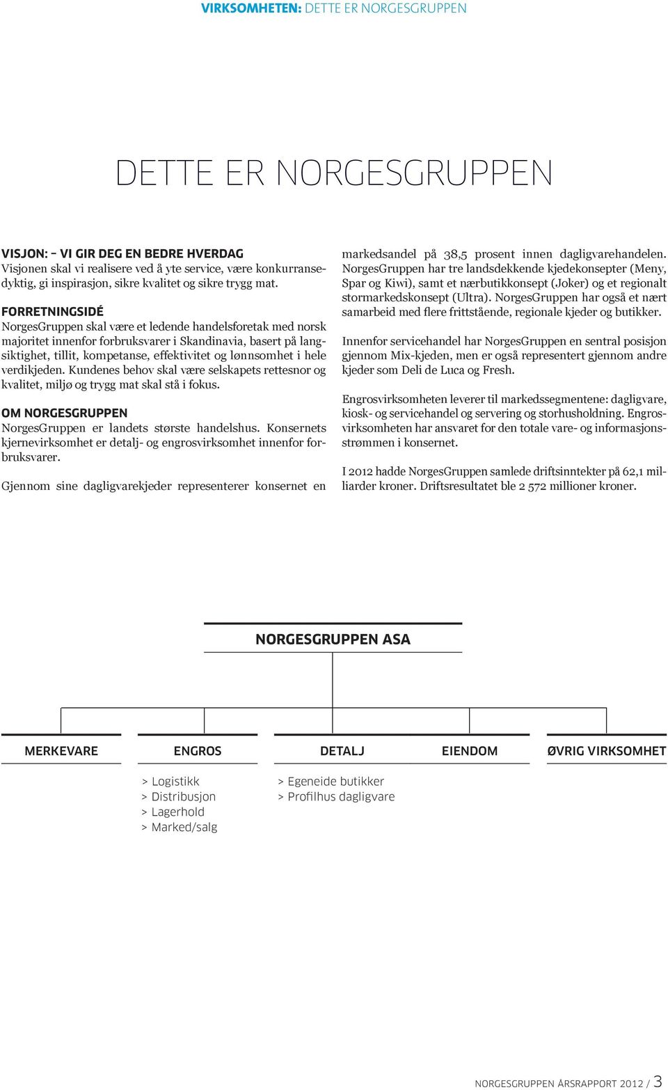 Forretningsidé NorgesGruppen skal være et ledende handelsforetak med norsk majoritet innenfor forbruksvarer i Skandinavia, basert på langsiktighet, tillit, kompetanse, effektivitet og lønnsomhet i