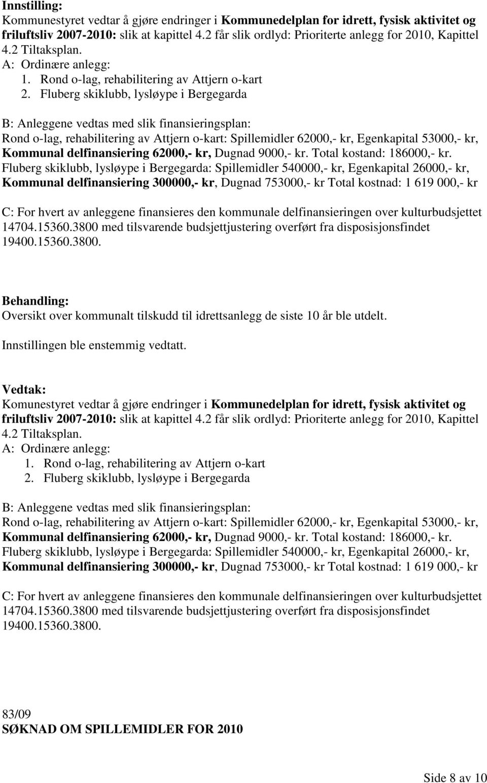 Fluberg skiklubb, lysløype i Bergegarda B: Anleggene vedtas med slik finansieringsplan: Rond o-lag, rehabilitering av Attjern o-kart: Spillemidler 62000,- kr, Egenkapital 53000,- kr, Kommunal