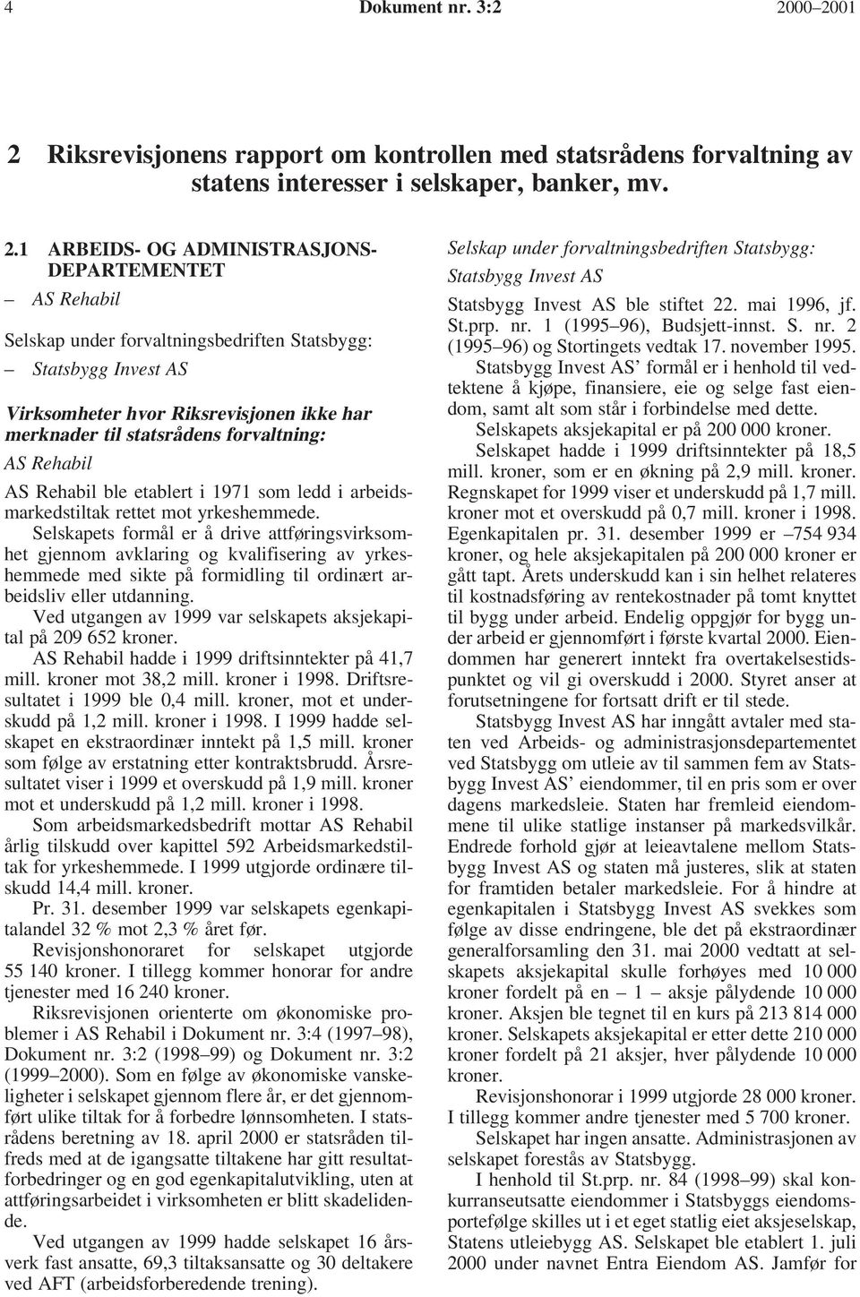 forvaltningsbedriften Statsbygg: Statsbygg Invest AS Virksomheter hvor Riksrevisjonen ikke har merknader til statsrådens forvaltning: AS Rehabil AS Rehabil ble etablert i 1971 som ledd i
