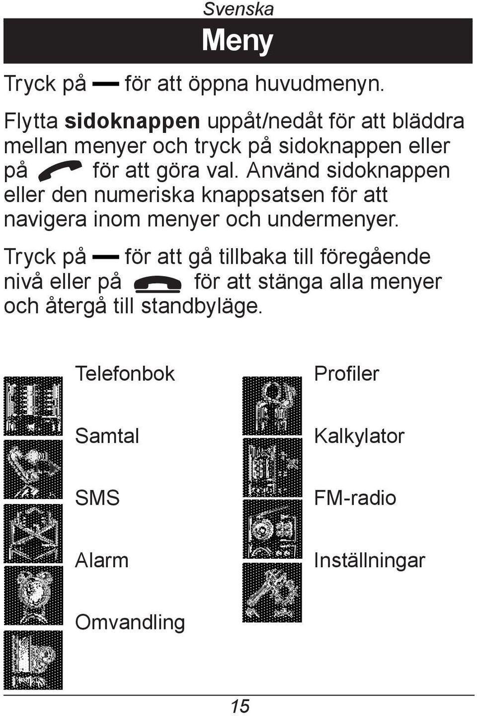 Använd sidoknappen eller den numeriska knappsatsen för att navigera inom menyer och undermenyer.