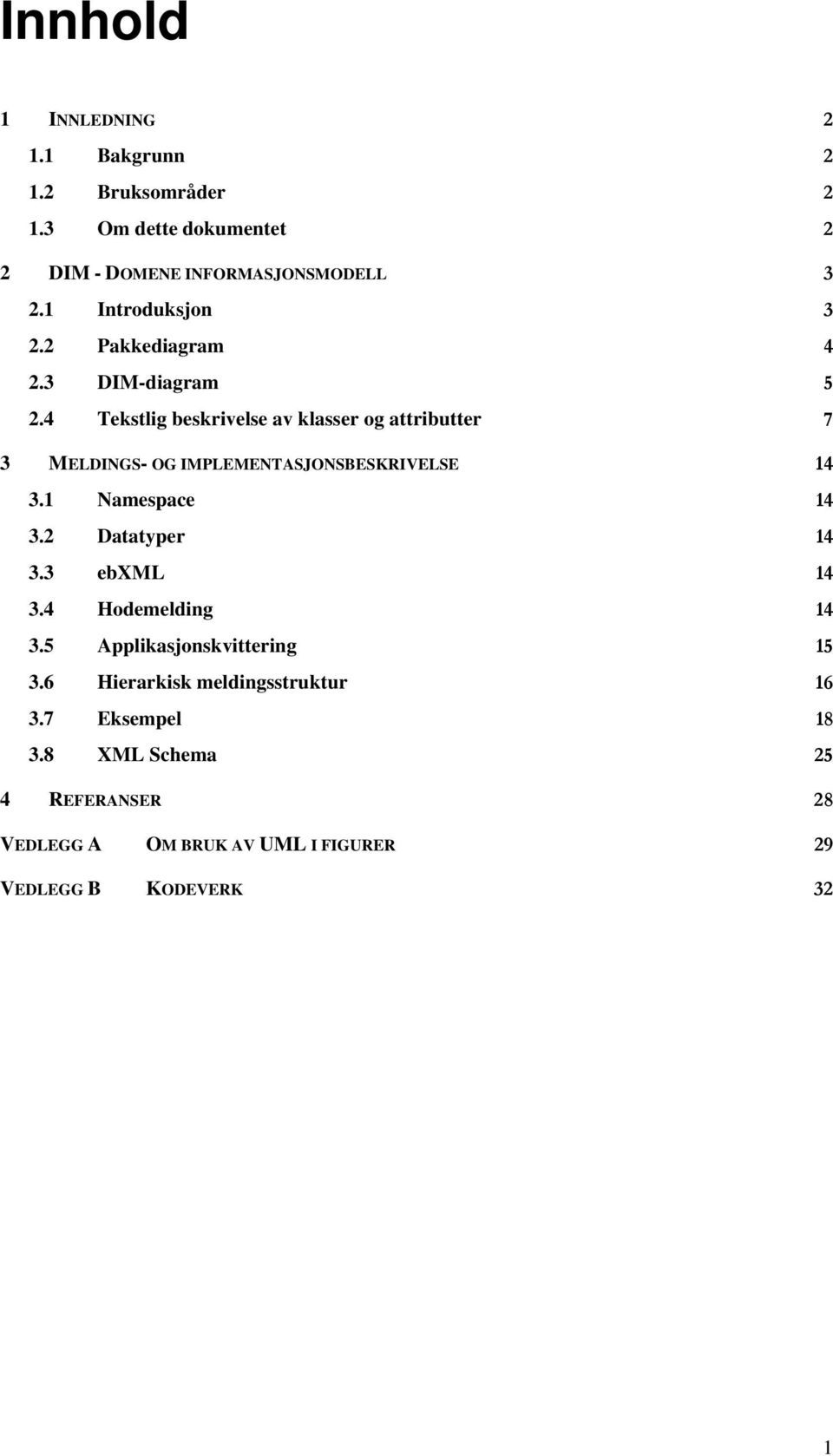 4 Tekstlig beskrivelse av klasser og attributter 7 3 MELDINGS- OG IMPLEMENTASJONSBESKRIVELSE 14 3.1 Namespace 14 3.