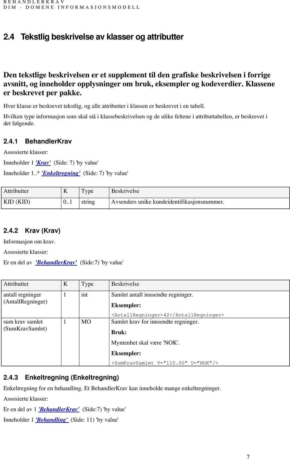 kodeverdier. Klassene er beskrevet per pakke. Hver klasse er beskrevet tekstlig, og alle attributter i klassen er beskrevet i en tabell.