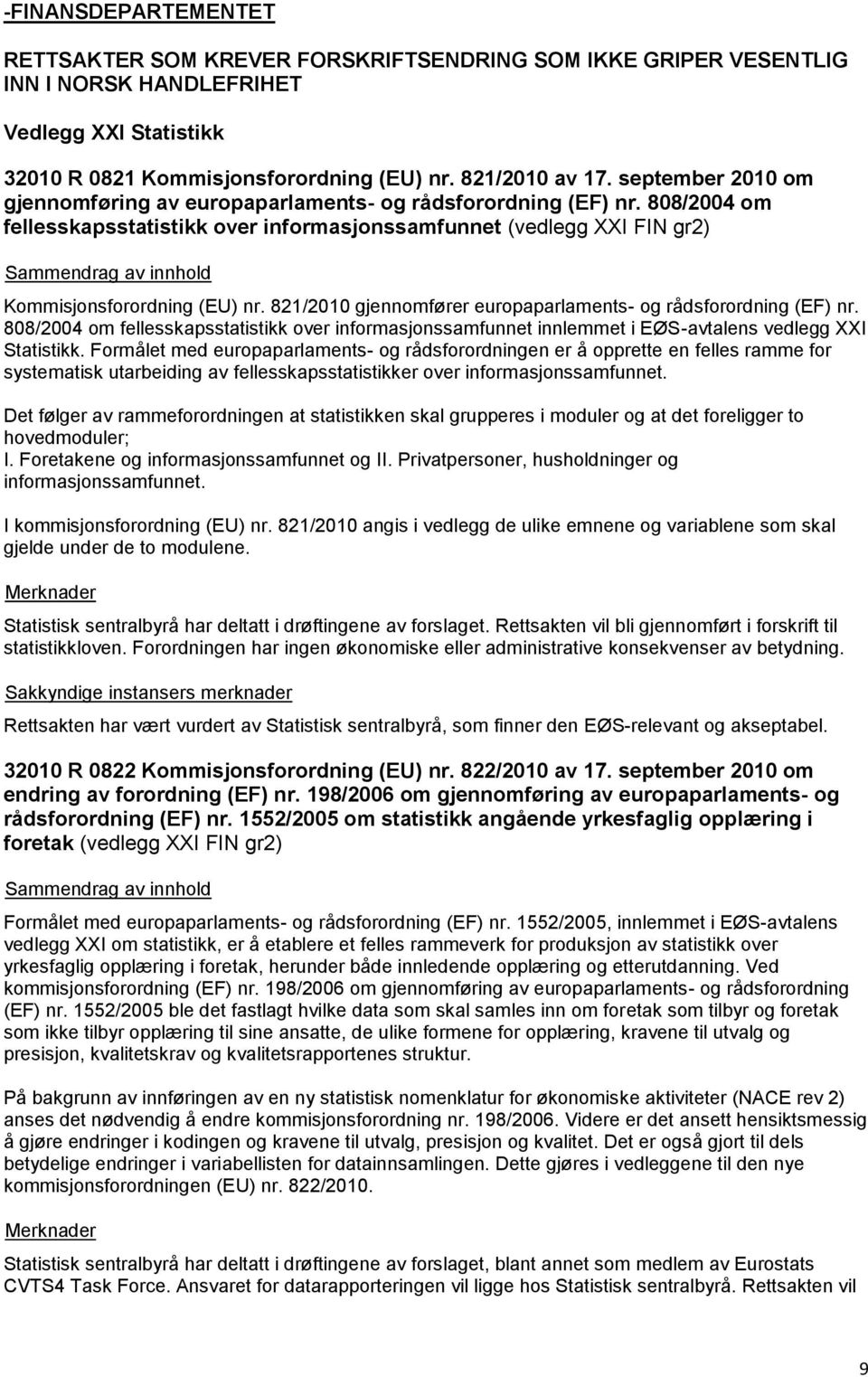 821/2010 gjennomfører europaparlaments- og rådsforordning (EF) nr. 808/2004 om fellesskapsstatistikk over informasjonssamfunnet innlemmet i EØS-avtalens vedlegg XXI Statistikk.