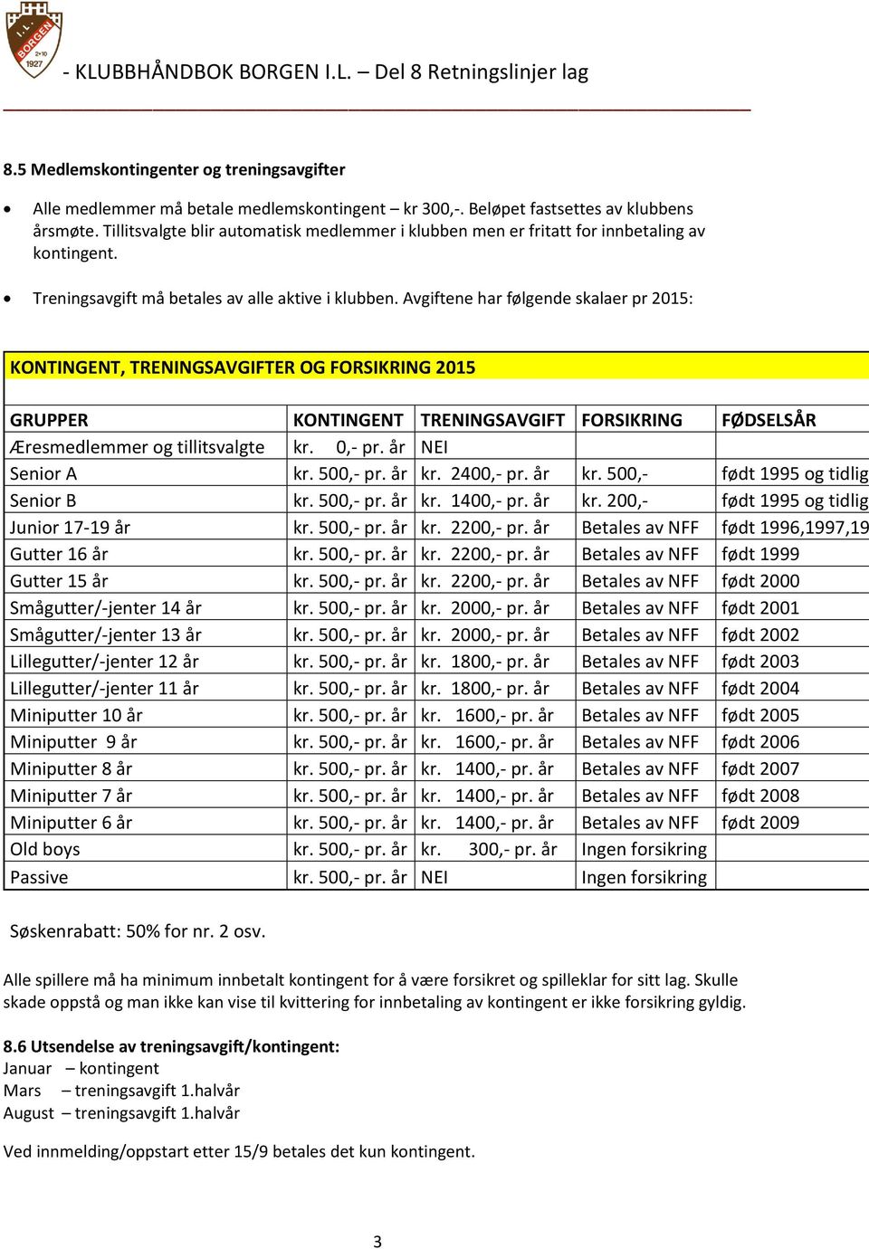 Avgiftene har følgende skalaer pr 2015: KONTINGENT, TRENINGSAVGIFTER OG FORSIKRING 2015 GRUPPER KONTINGENT TRENINGSAVGIFT FORSIKRING FØDSELSÅR Æresmedlemmer og tillitsvalgte kr. 0,- pr.