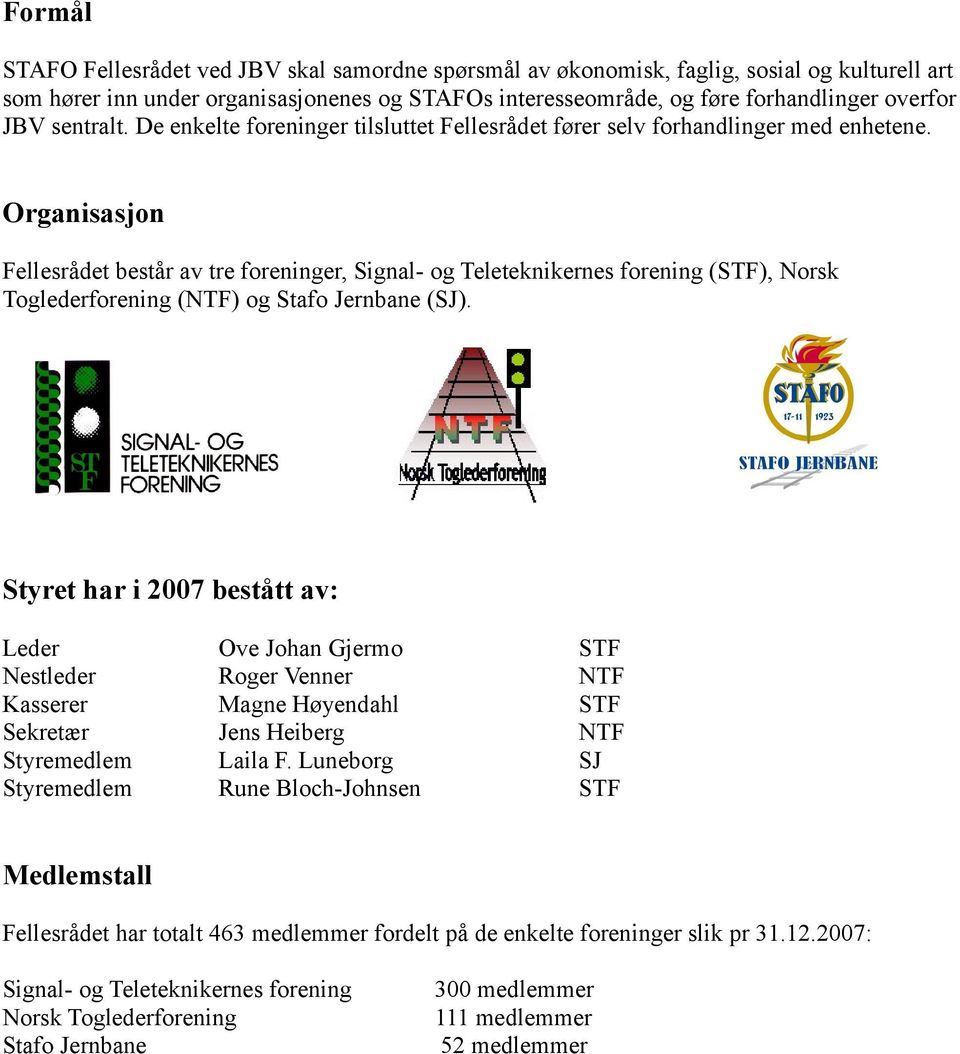 Organisasjon Fellesrådet består av tre foreninger, Signal- og Teleteknikernes forening (STF), Norsk Toglederforening (NTF) og Stafo Jernbane (SJ).