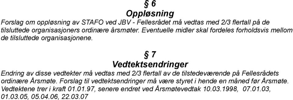 7 Vedtektsendringer Endring av disse vedtekter må vedtas med 2/3 flertall av de tilstedeværende på Fellesrådets ordinære Årsmøte.