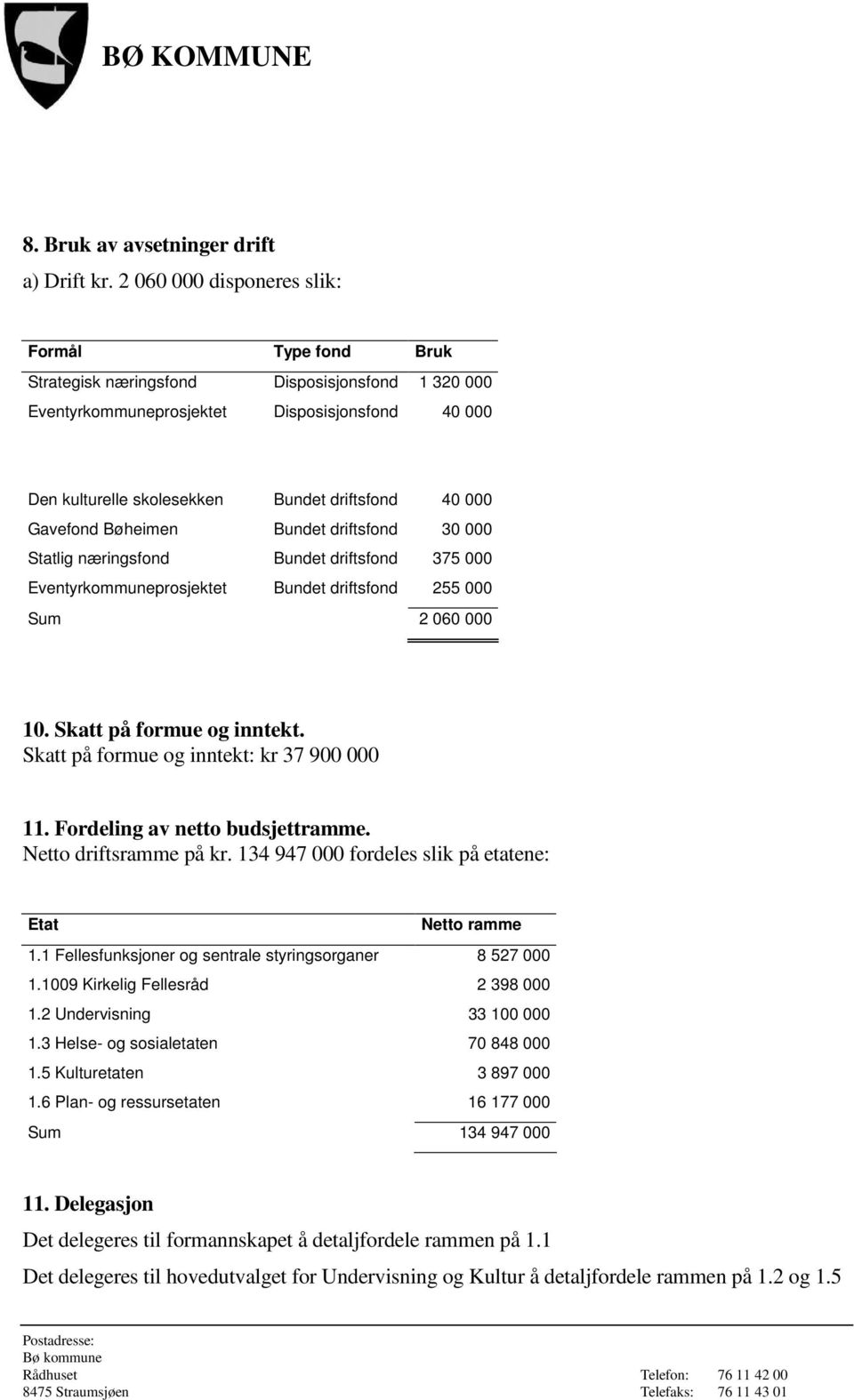 Gavefond Bøheimen Bundet driftsfond 30 000 Statlig næringsfond Bundet driftsfond 375 000 Eventyrkommuneprosjektet Bundet driftsfond 255 000 Sum 2 060 000 10. Skatt på formue og inntekt.