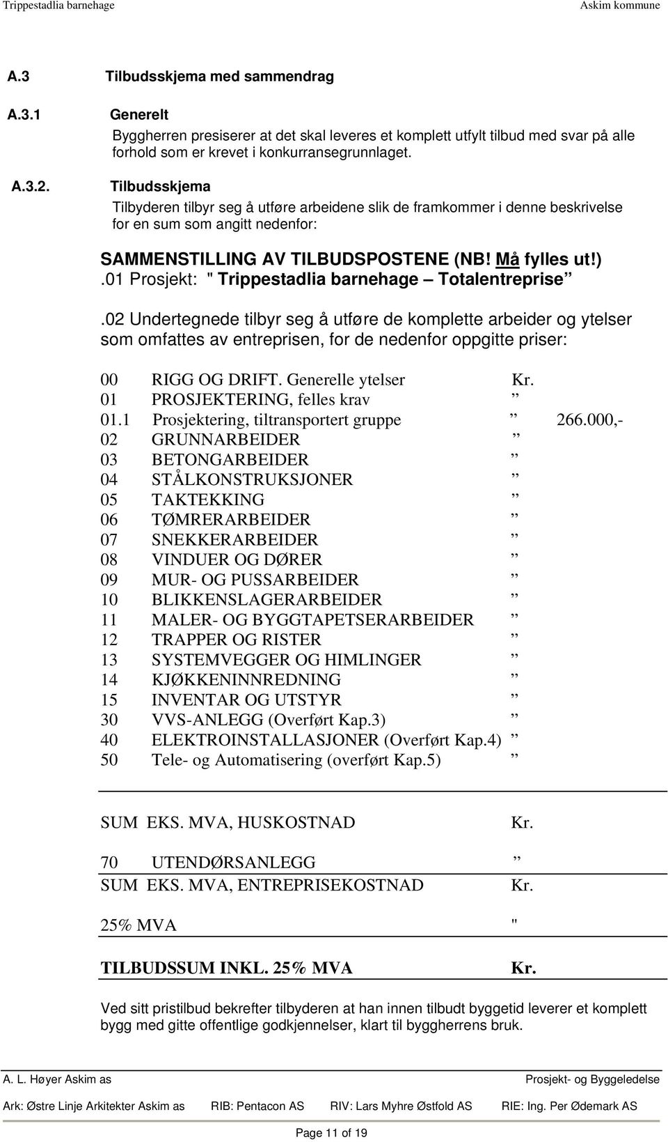 Tilbudsskjema Tilbyderen tilbyr seg å utføre arbeidene slik de framkommer i denne beskrivelse for en sum som angitt nedenfor: SAMMENSTILLING AV TILBUDSPOSTENE (NB! Må fylles ut!).