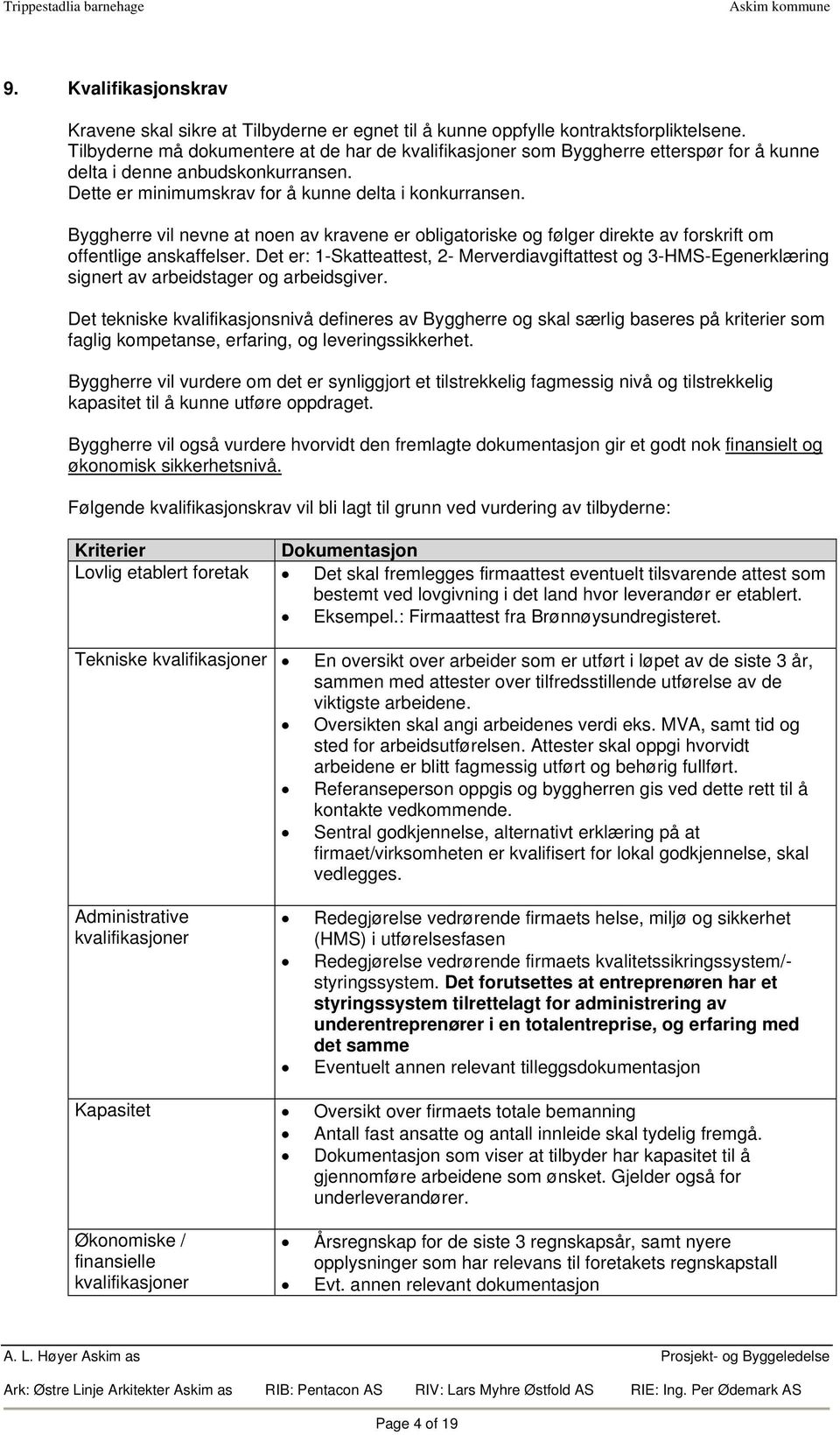 Byggherre vil nevne at noen av kravene er obligatoriske og følger direkte av forskrift om offentlige anskaffelser.