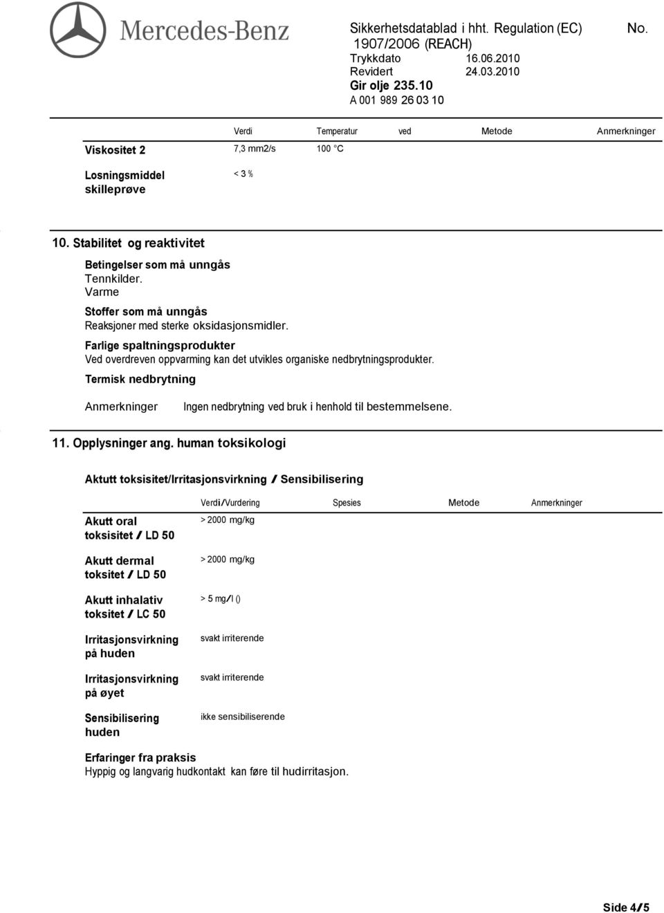 Termisk nedbrytning Anmerkninger Ingen nedbrytning ved bruk i henhold til bestemmelsene. 11. Opplysninger ang.