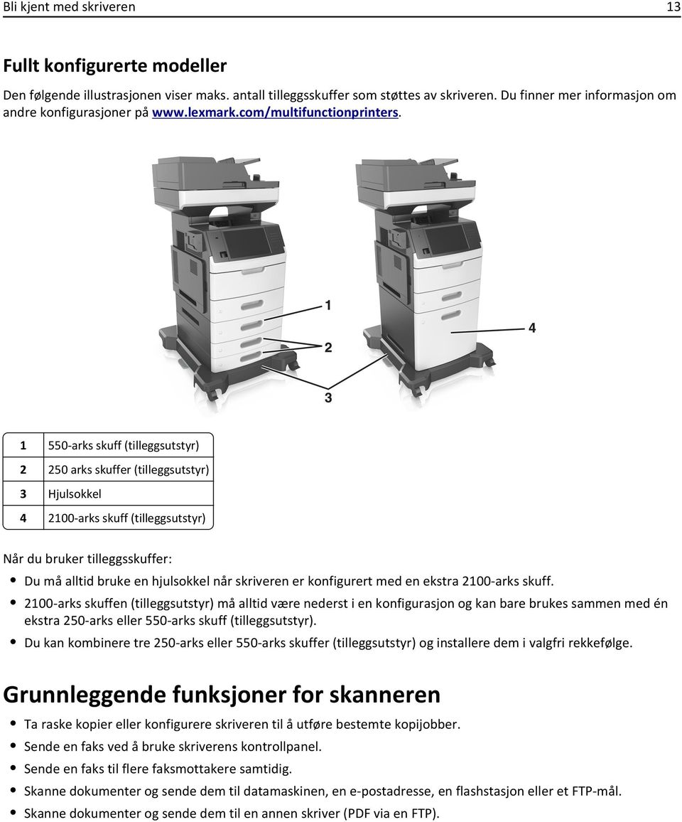 1 550-arks skuff (tilleggsutstyr) 2 250 arks skuffer (tilleggsutstyr) 3 Hjulsokkel 4 2100-arks skuff (tilleggsutstyr) Når du bruker tilleggsskuffer: Du må alltid bruke en hjulsokkel når skriveren er