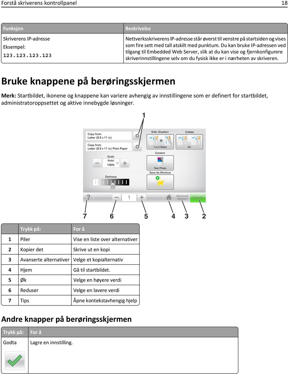 Du kan bruke IP-adressen ved tilgang til Embedded Web Server, slik at du kan vise og fjernkonfigurere skriverinnstillingene selv om du fysisk ikke er i nærheten av skriveren.