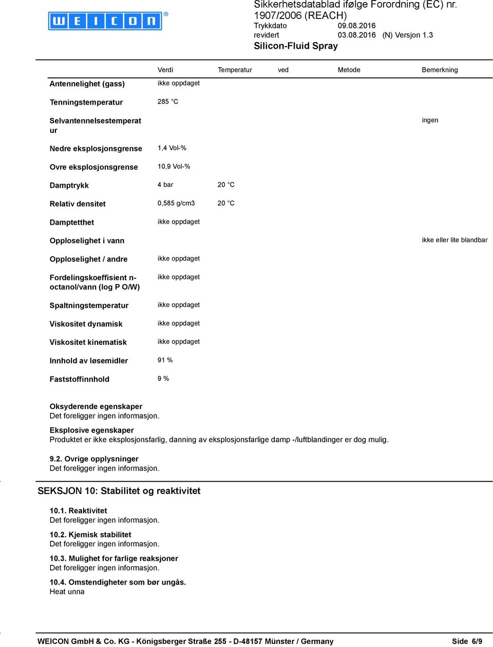 Viskositet dynamisk Viskositet kinematisk Innhold av løsemidler 91 % Faststoffinnhold 9 % Oksyderende egenskaper Eksplosive egenskaper Produktet er ikke eksplosjonsfarlig, danning av