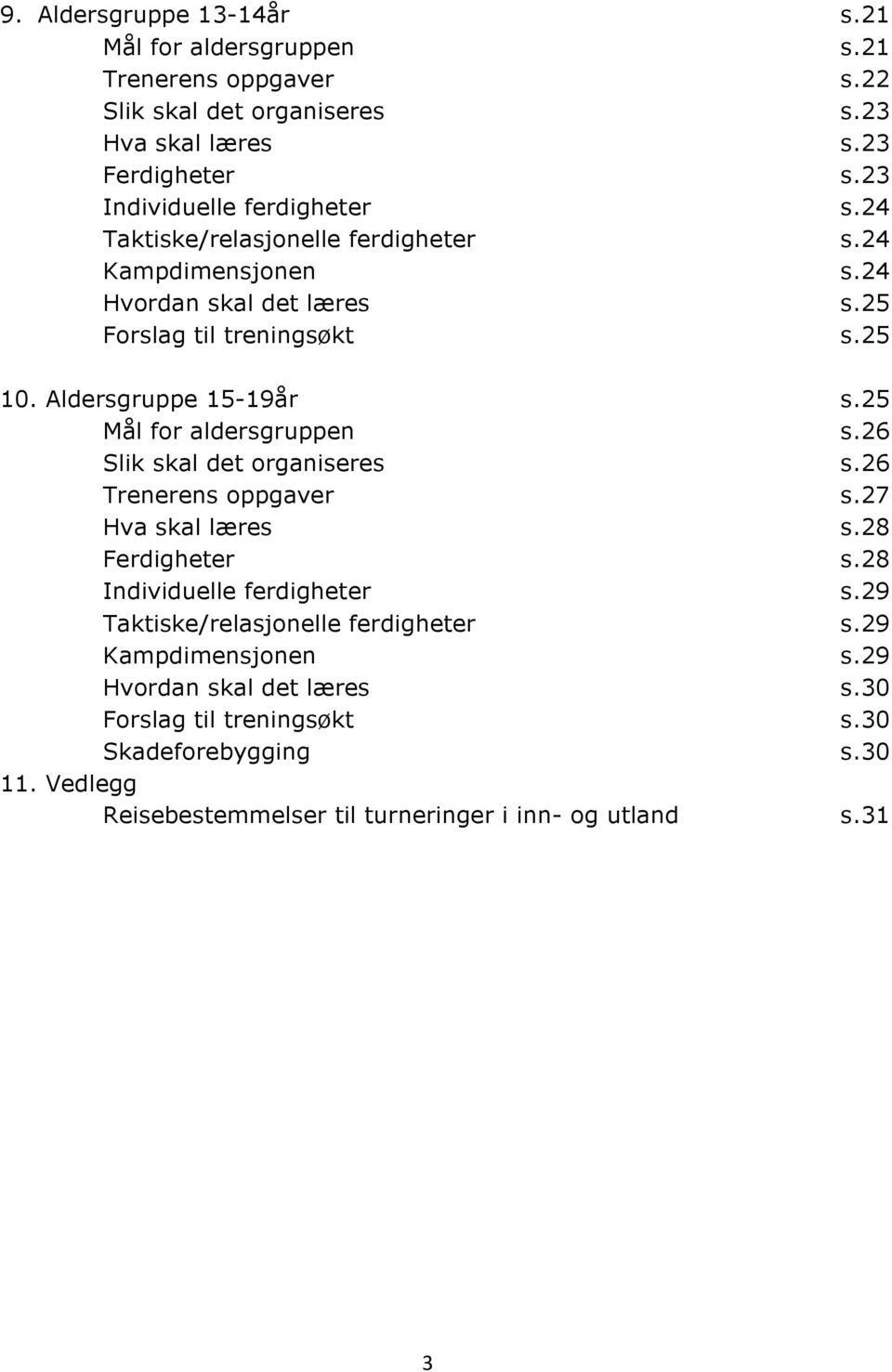 Aldersgruppe 15-19år s.25 Mål for aldersgruppen s.26 Slik skal det organiseres s.26 Trenerens oppgaver s.27 Hva skal læres s.28 Ferdigheter s.