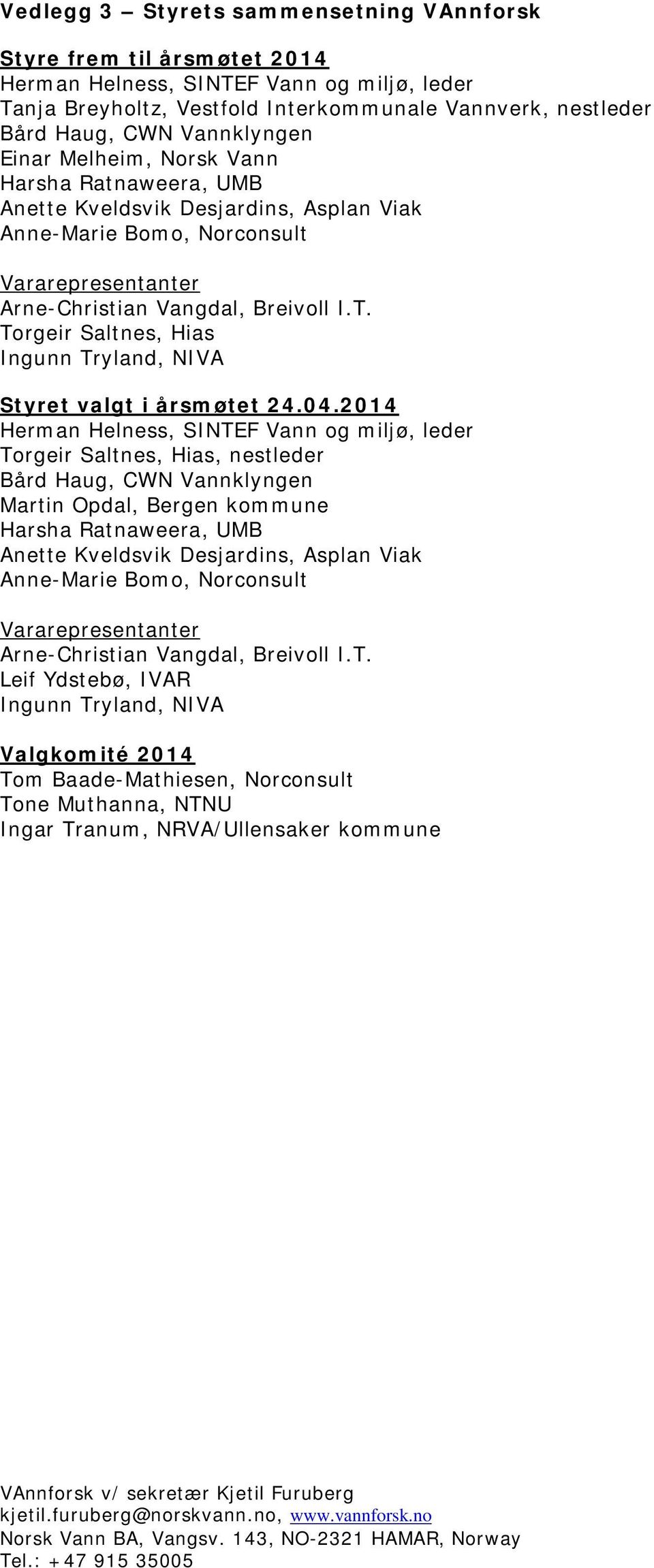 Torgeir Saltnes, Hias Ingunn Tryland, NIVA Styret valgt i årsmøtet 24.04.