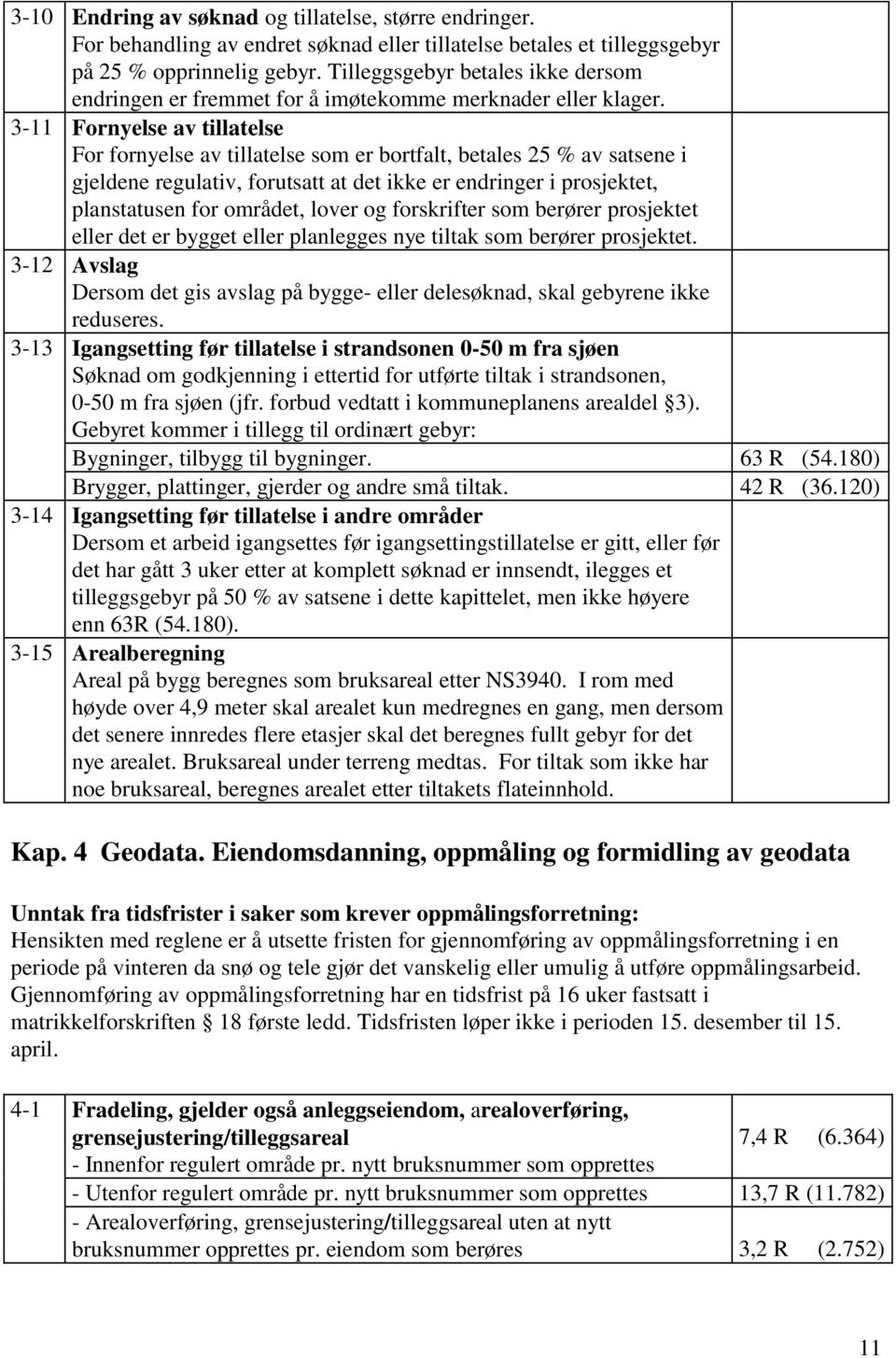 3-11 Fornyelse av tillatelse For fornyelse av tillatelse som er bortfalt, betales 25 % av satsene i gjeldene regulativ, forutsatt at det ikke er endringer i prosjektet, planstatusen for området,