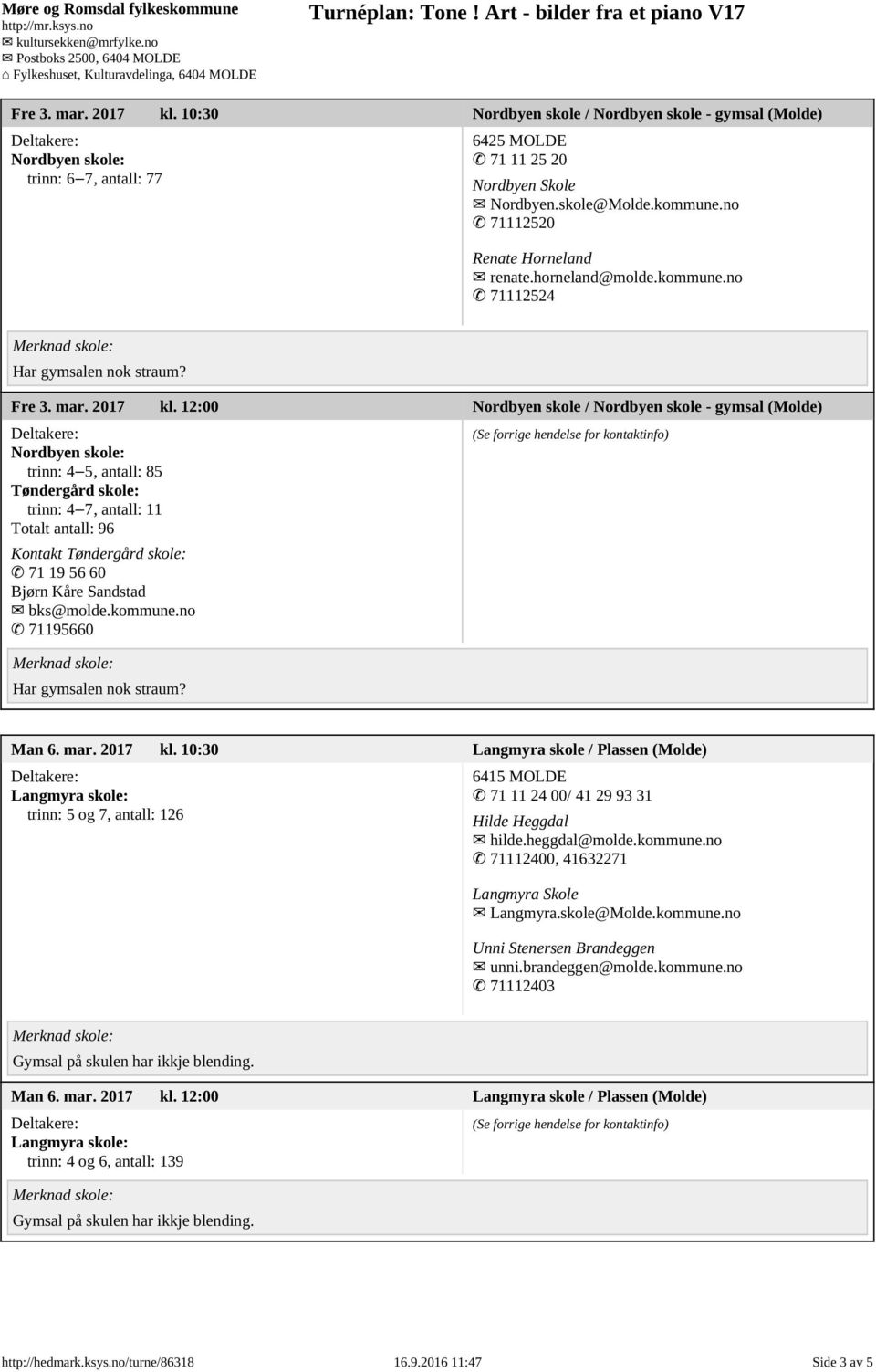 12:00 Nordbyen skole / Nordbyen skole - gymsal (Molde) Nordbyen skole: trinn: 4 5, antall: 85 Tøndergård skole: trinn: 4 7, antall: 11 Totalt antall: 96 Kontakt Tøndergård skole: 71 19 56 60 Bjørn