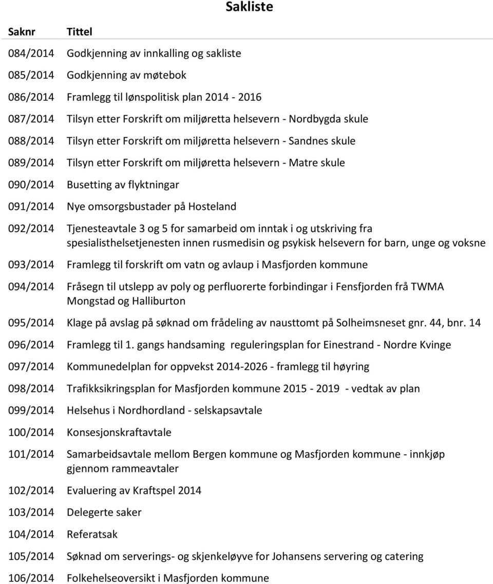 flyktningar 091/2014 Nye omsorgsbustader på Hosteland 092/2014 Tjenesteavtale 3 og 5 for samarbeid om inntak i og utskriving fra spesialisthelsetjenesten innen rusmedisin og psykisk helsevern for