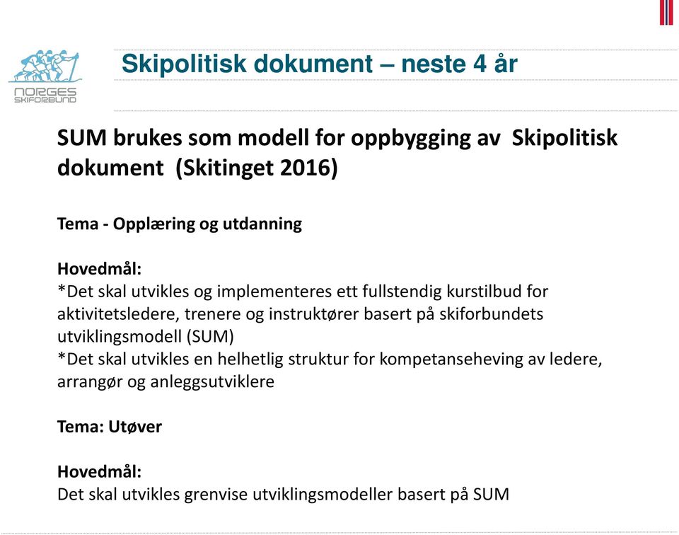 trenere og instruktører basert på skiforbundets utviklingsmodell (SUM) *Det skal utvikles en helhetlig struktur for