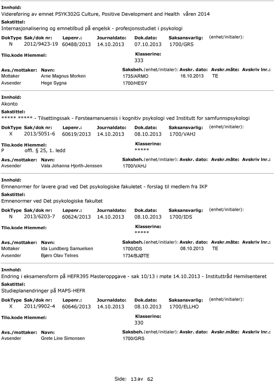 2013 TE Hege Sygna 1700/HESY Akonto - Tilsettingssak - Førsteamanuensis i kognitiv psykologi ved nstitutt for samfunnspsykologi 2013/5051-6 60619/2013 08.10.2013 1700/VAHJ Avs.