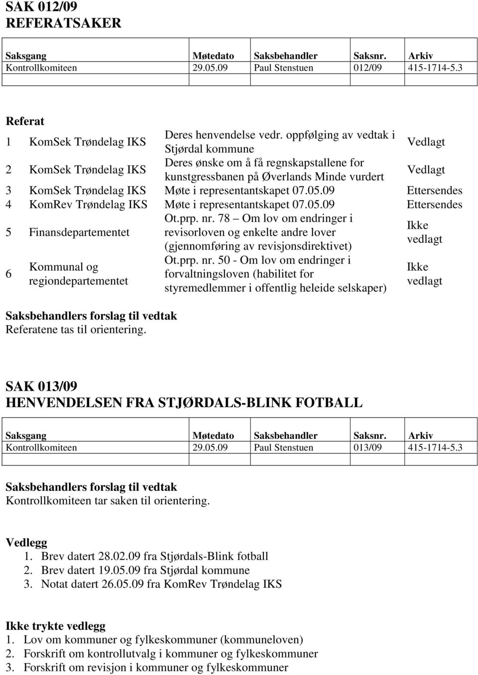 representantskapet 07.05.09 Ettersendes 4 KomRev Trøndelag IKS Møte i representantskapet 07.05.09 Ettersendes 5 Finansdepartementet Ot.prp. nr.