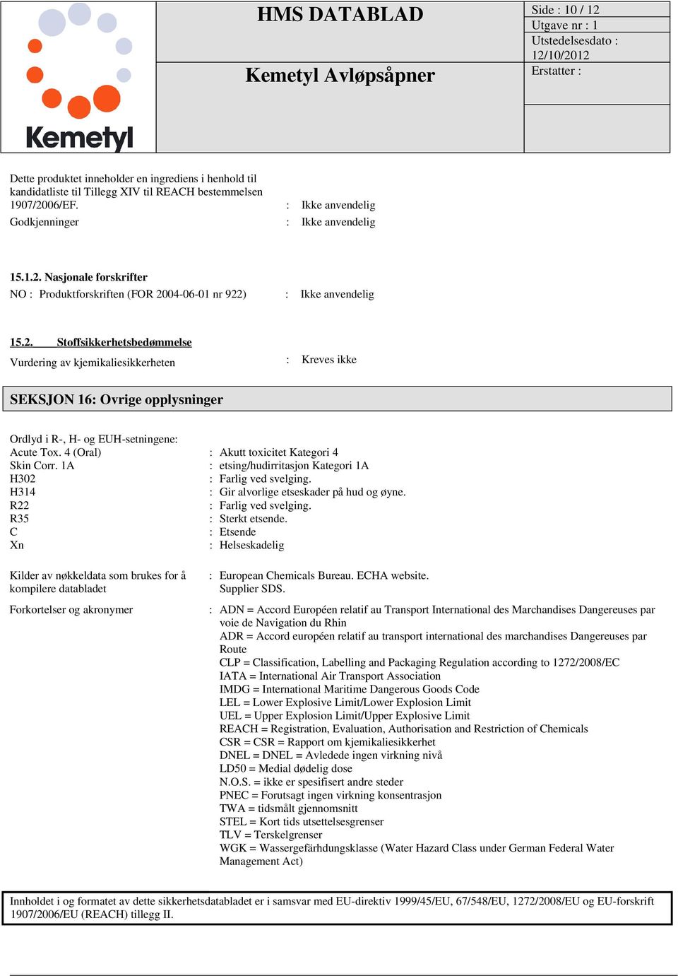 4 (Oral) : Akutt toxicitet Kategori 4 Skin Corr. 1A : etsing/hudirritasjon Kategori 1A H302 : Farlig ved svelging. H314 : Gir alvorlige etseskader på hud og øyne. R22 : Farlig ved svelging.