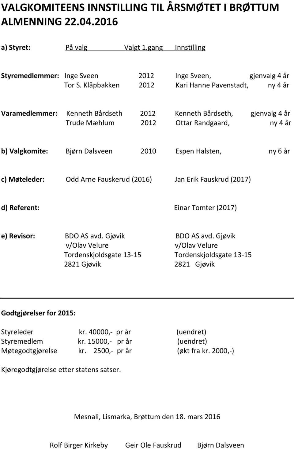 Halsten, ny 6 år c) Møteleder: Odd Arne Fauskerud (2016) Jan Erik Fauskrud (2017) d) Referent: Einar Tomter (2017) e) Revisor: BDO AS avd. Gjøvik BDO AS avd.