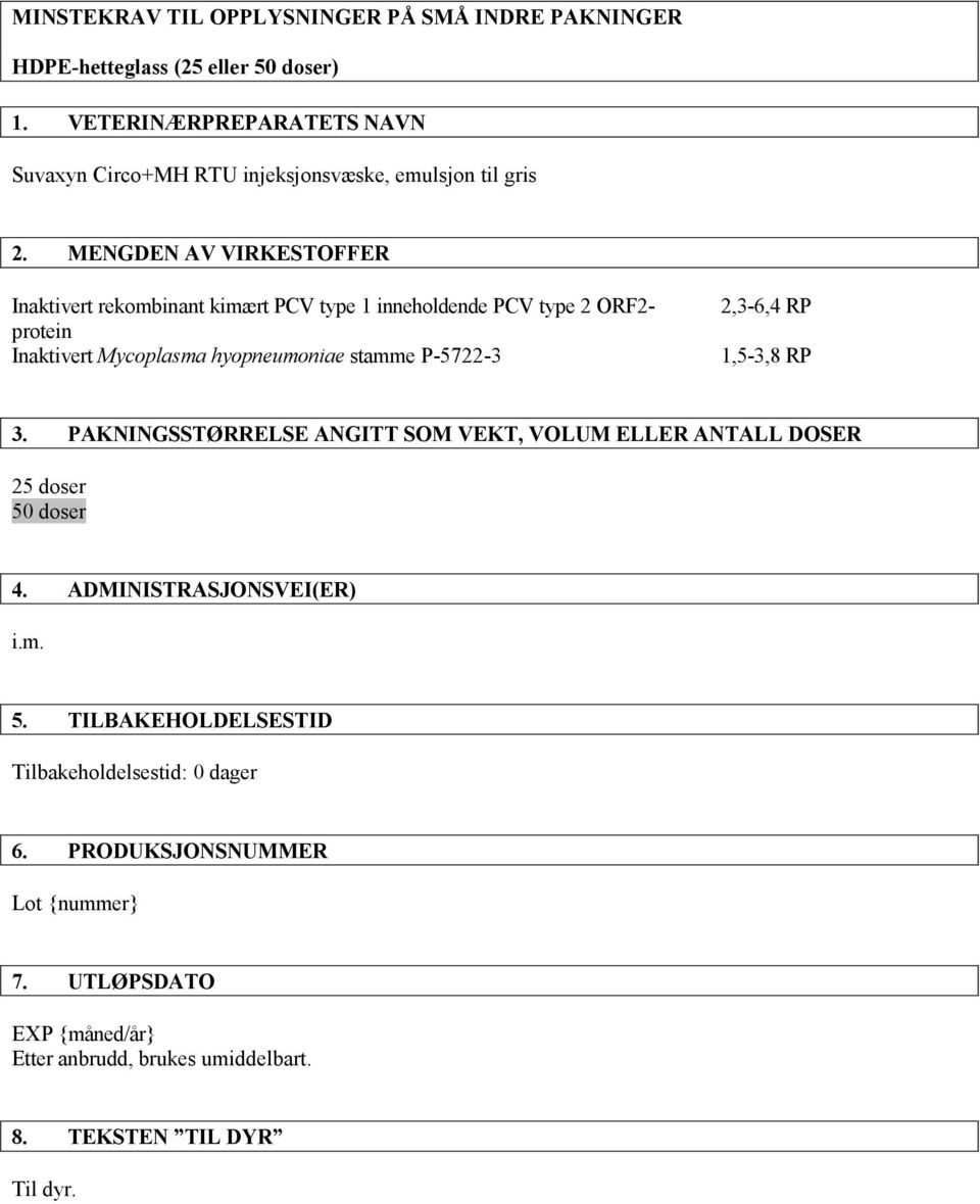 MENGDEN AV VIRKESTOFFER Inaktivert rekombinant kimært PCV type 1 inneholdende PCV type 2 ORF2- protein Inaktivert Mycoplasma hyopneumoniae stamme P-5722-3