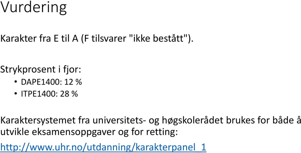 Karaktersystemet fra universitets- og høgskolerådet brukes for