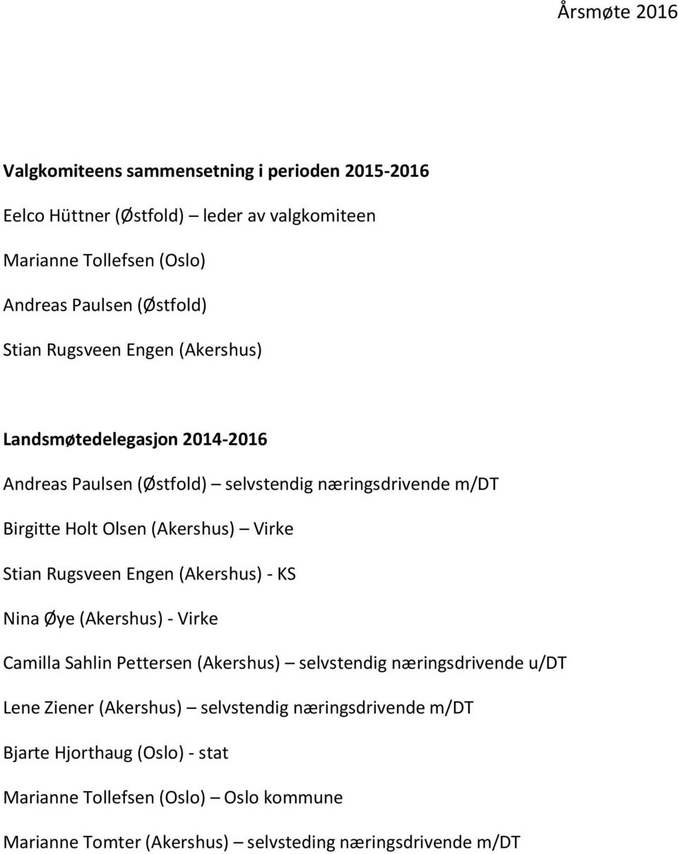 Stian Rugsveen Engen (Akershus) - KS Nina Øye (Akershus) - Virke Camilla Sahlin Pettersen (Akershus) selvstendig næringsdrivende u/dt Lene Ziener