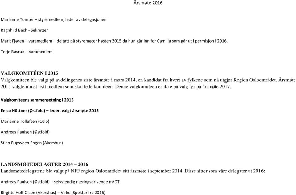 Årsmøte 2015 valgte inn et nytt medlem som skal lede komiteen. Denne valgkomiteen er ikke på valg før på årsmøte 2017.