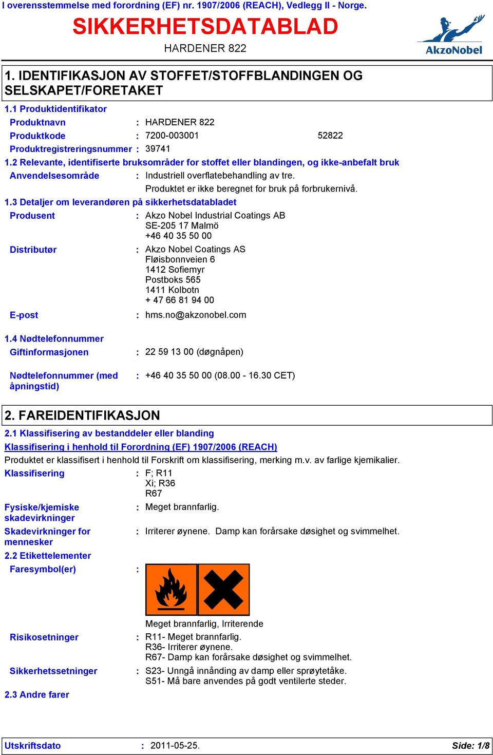 2 Relevante, identifiserte bruksområder for stoffet eller blandingen, og ikke-anbefalt bruk Anvendelsesområde Industriell overflatebehandling av tre.