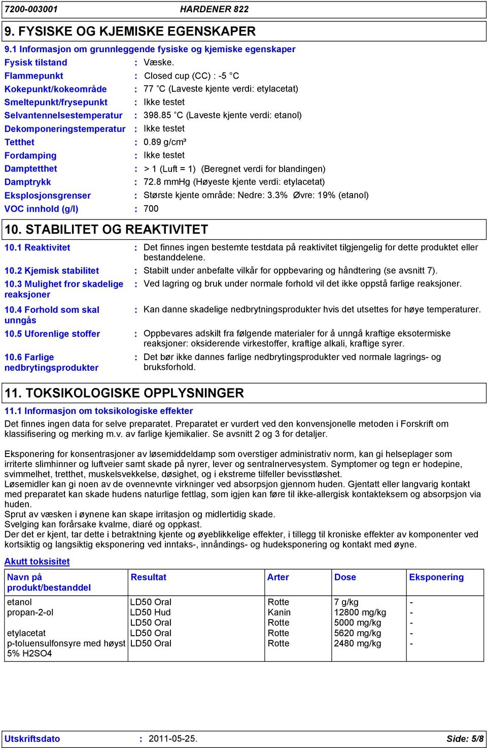 85 C (Laveste kjente verdi etanol) Dekomponeringstemperatur Ikke testet Tetthet 0.89 g/cm³ Fordamping Ikke testet Damptetthet > 1 (Luft = 1) (Beregnet verdi for blandingen) Damptrykk 72.