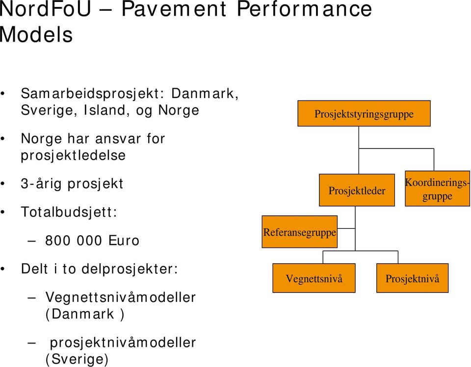 Totalbudsjett: 800 000 Euro Delt i to delprosjekter: Vegnettsnivåmodeller (Danmark )