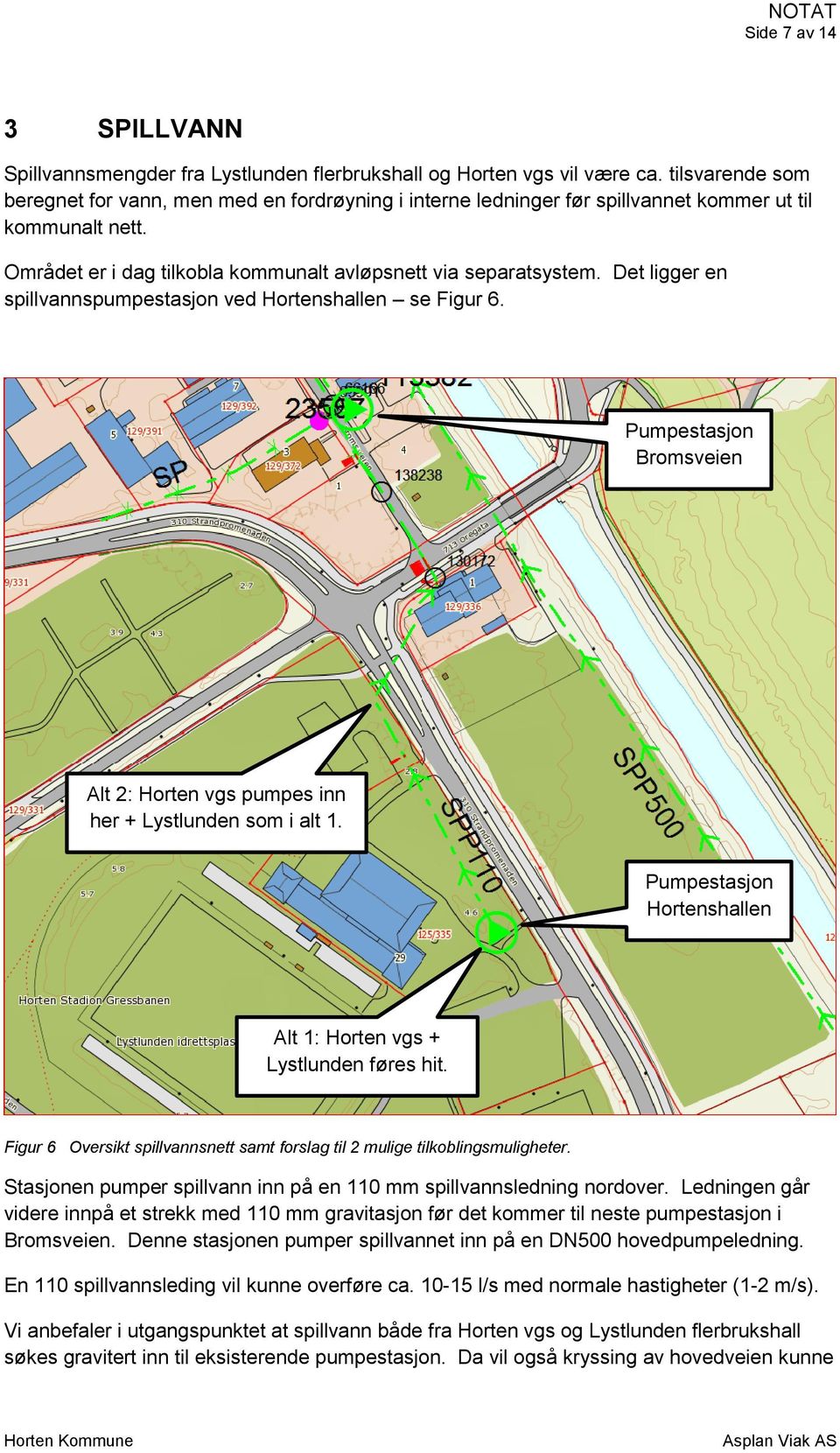 Det ligger en spillvannspumpestasjon ved Hortenshallen se Figur 6. Pumpestasjon Bromsveien Alt 2: Horten vgs pumpes inn her + Lystlunden som i alt 1.