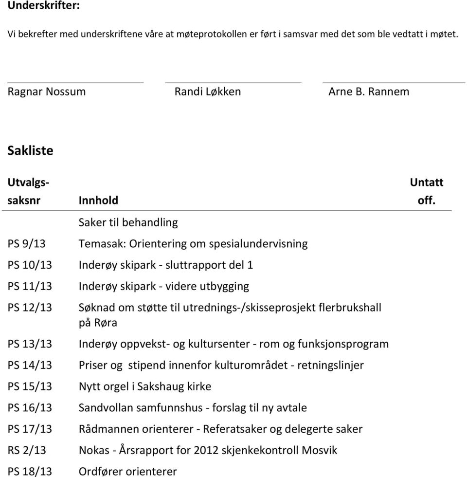 PS 10/13 Inderøy skipark - sluttrapport del 1 PS 11/13 PS 12/13 PS 13/13 PS 14/13 PS 15/13 PS 16/13 PS 17/13 RS 2/13 PS 18/13 Inderøy skipark - videre utbygging Søknad om støtte til