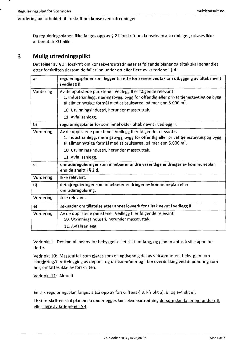 4: a) reguleringsplaner som legger til rette for senere vedtak om utbygging av tiltak nevnt i vedlegg Il. Av de opplistede punktene i Vedlegg Il er følgende relevant: 1.