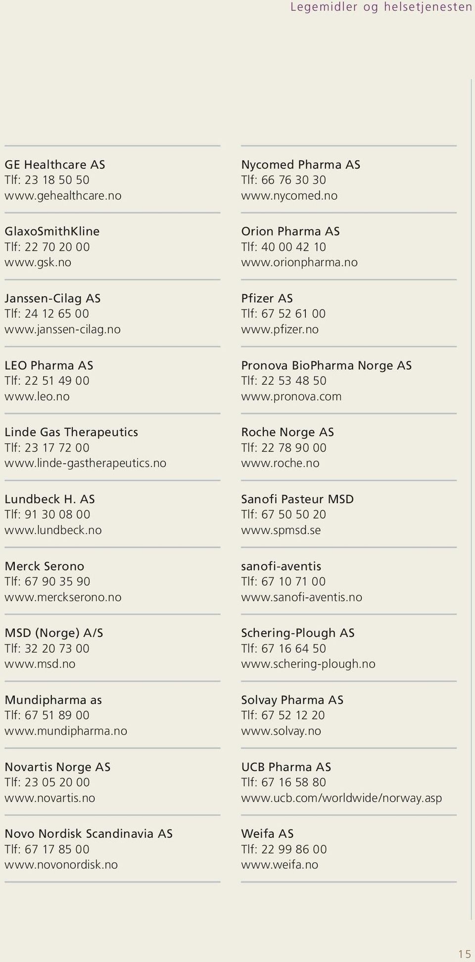 merckserono.no MSD (Norge) A/S Tlf: 32 20 73 00 www.msd.no Mundipharma as Tlf: 67 51 89 00 www.mundipharma.no Novartis Norge AS Tlf: 23 05 20 00 www.novartis.