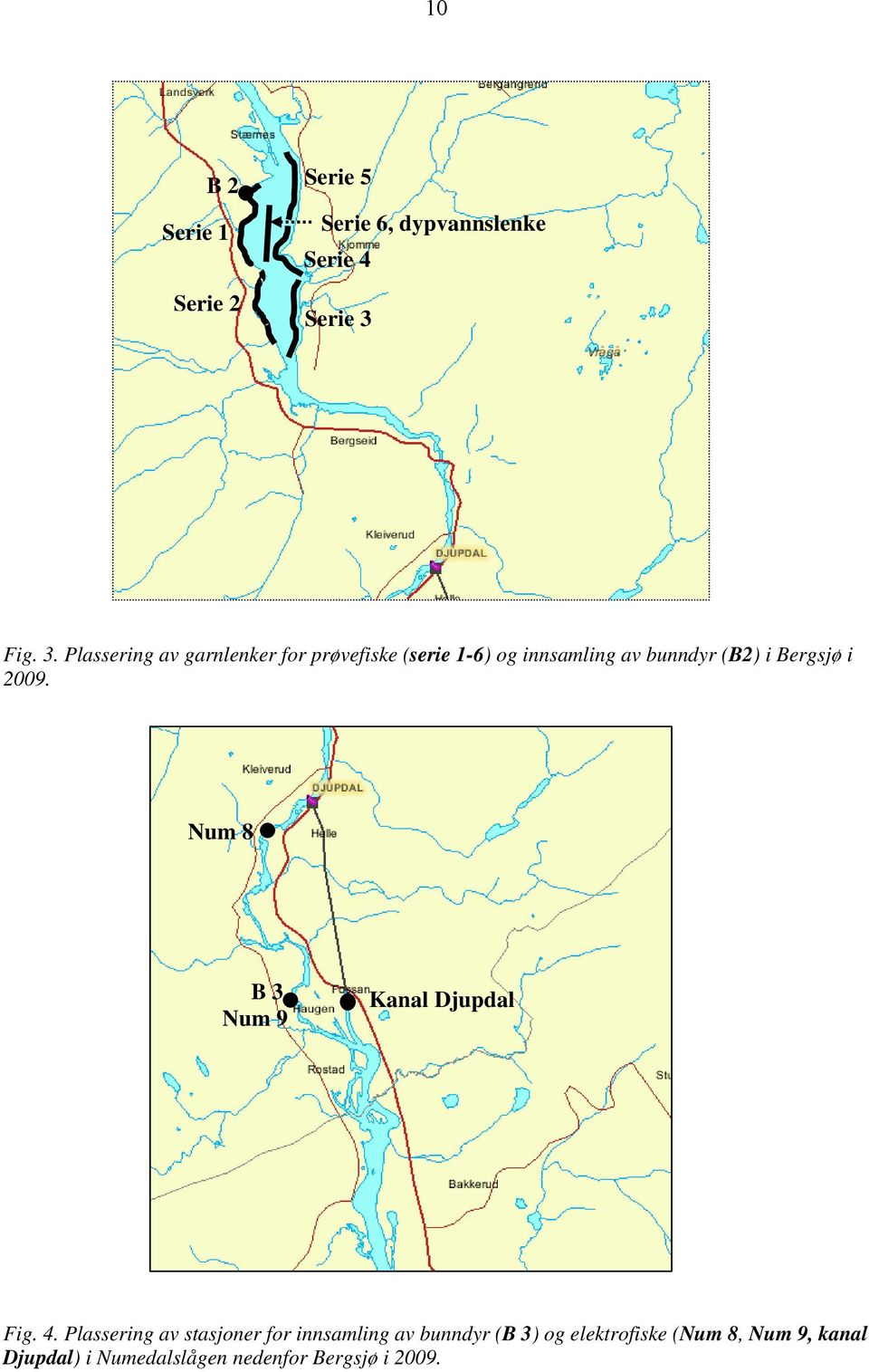 Plassering av garnlenker for prøvefiske (serie 1-6) og innsamling av bunndyr (B2) i Bergsjø