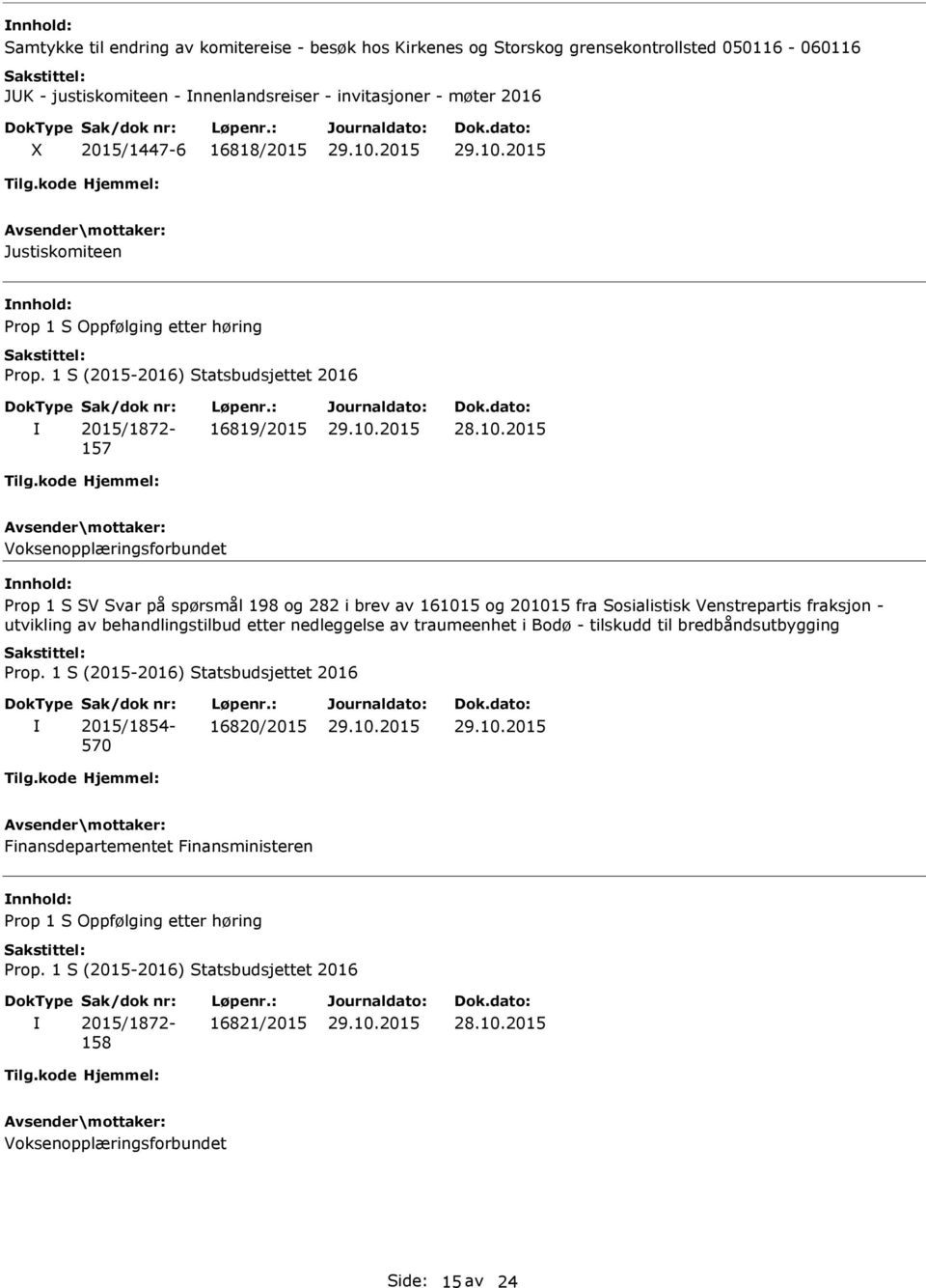 nnhold: Prop 1 S SV Svar på spørsmål 198 og 282 i brev av 161015 og 201015 fra Sosialistisk Venstrepartis fraksjon - utvikling av behandlingstilbud etter