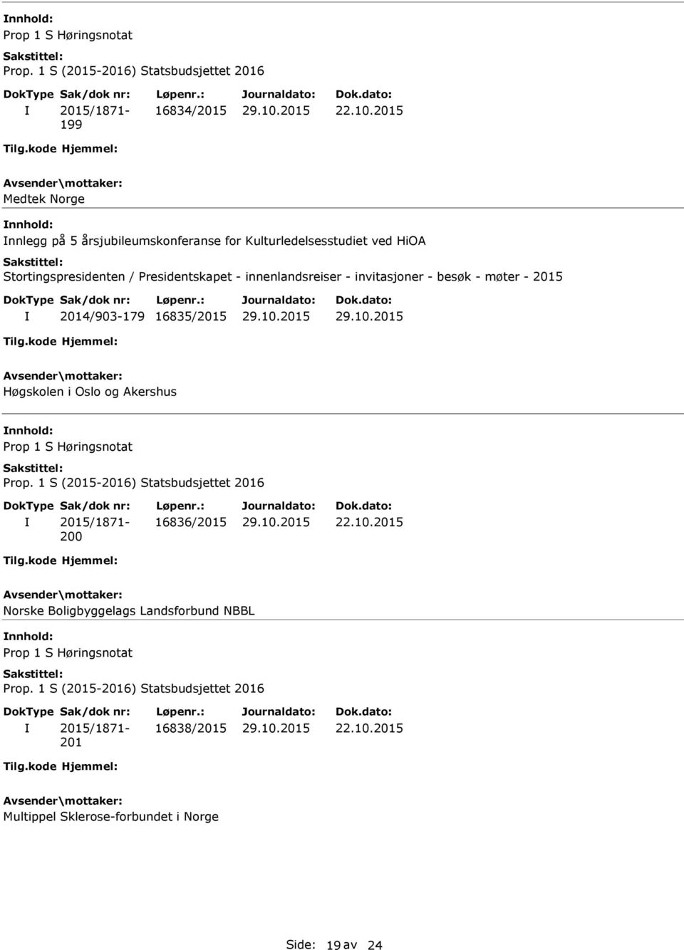 Presidentskapet - innenlandsreiser - invitasjoner - besøk - møter - 2015 2014/903-179 16835/2015 Høgskolen i Oslo og Akershus