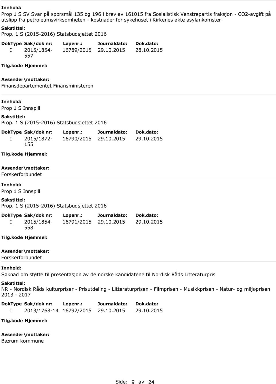 nnspill 558 16791/2015 Forskerforbundet nnhold: Søknad om støtte til presentasjon av de norske kandidatene til Nordisk Råds Litteraturpris NR - Nordisk Råds