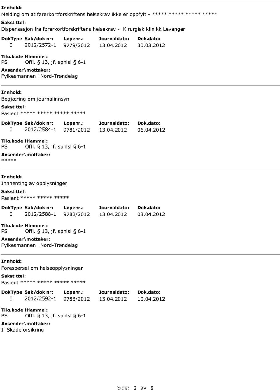 2012 Begjæring om journalinnsyn Pasient ***** ***** ***** ***** 2012/2584-1 9781/2012 ***** 06.04.