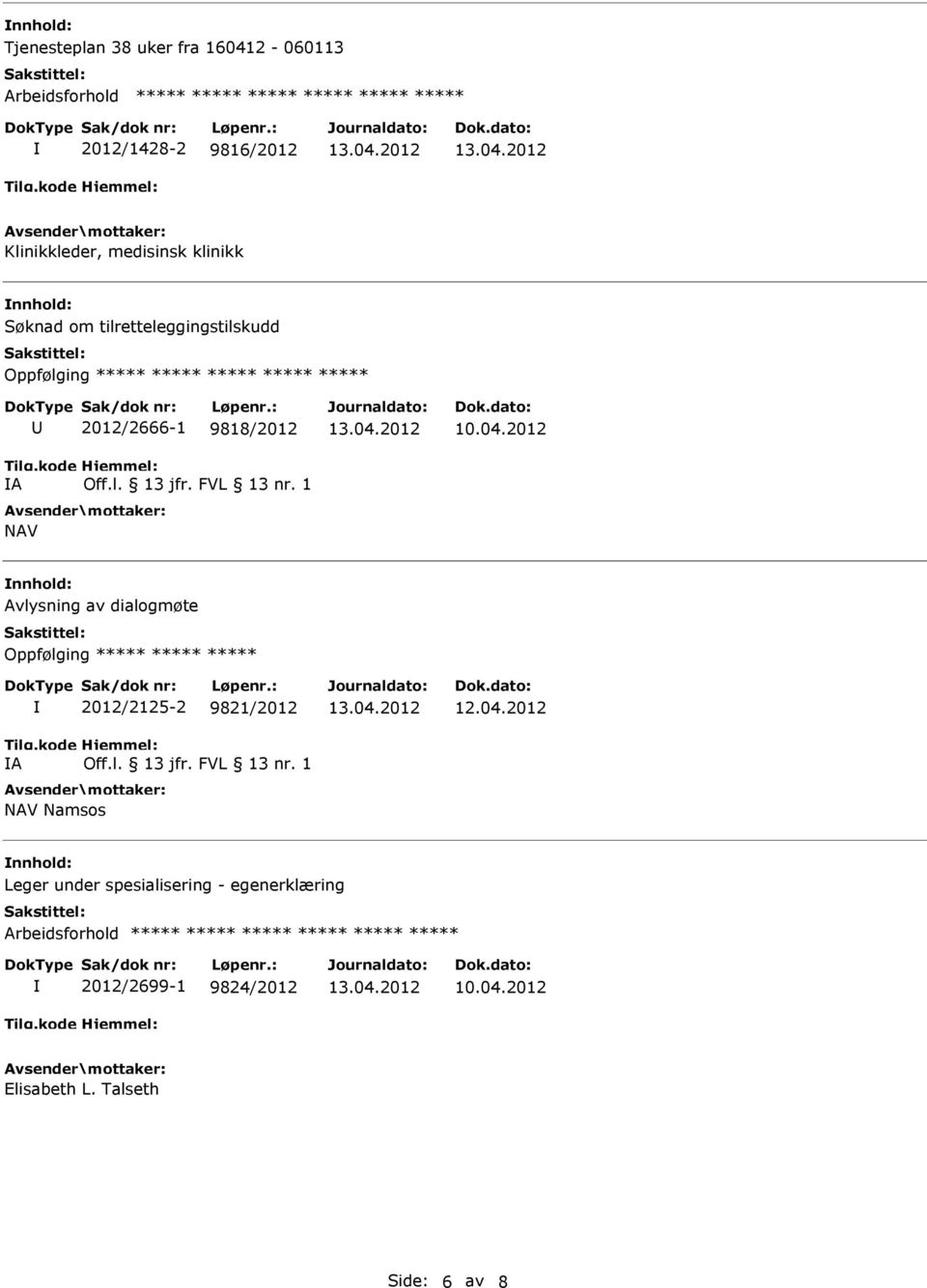 dialogmøte Oppfølging ***** ***** ***** A 2012/2125-2 9821/2012 Namsos 12.04.