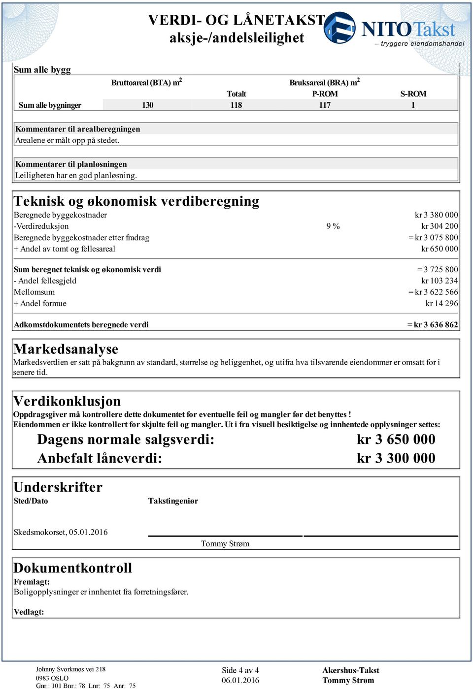 etter fradrag = kr 3 075 800 + Andel av tomt og fellesareal kr 650 000 Sum beregnet teknisk og økonomisk verdi = 3 725 800 - Andel fellesgjeld kr 103 234 Mellomsum = kr 3 622 566 + Andel formue kr 14