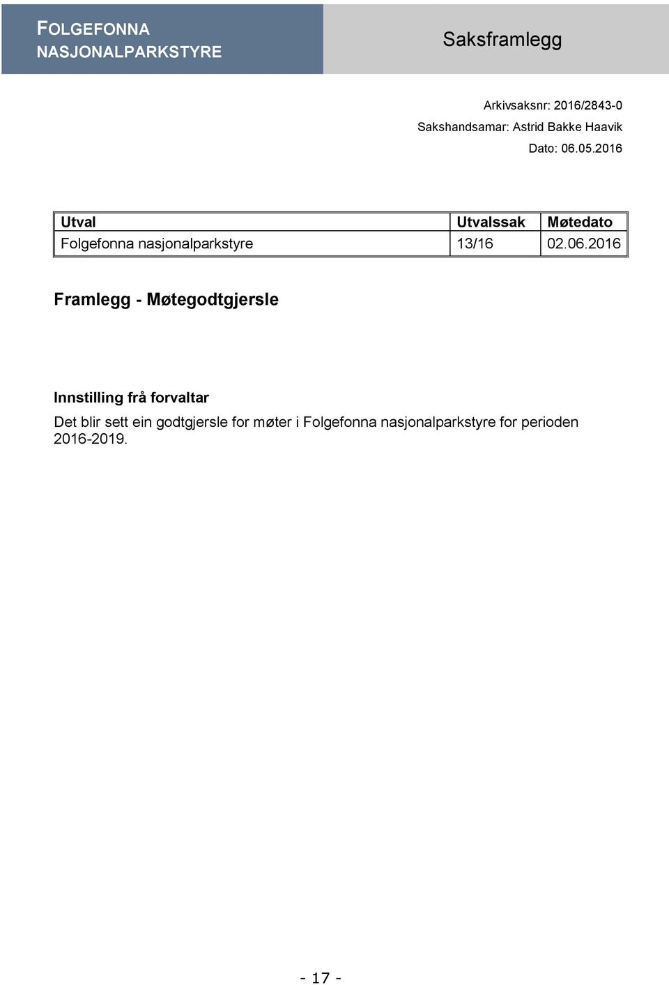 2016 Utval Utvalssak Møtedato Folgefonna nasjonalparkstyre 13/16 02.06.