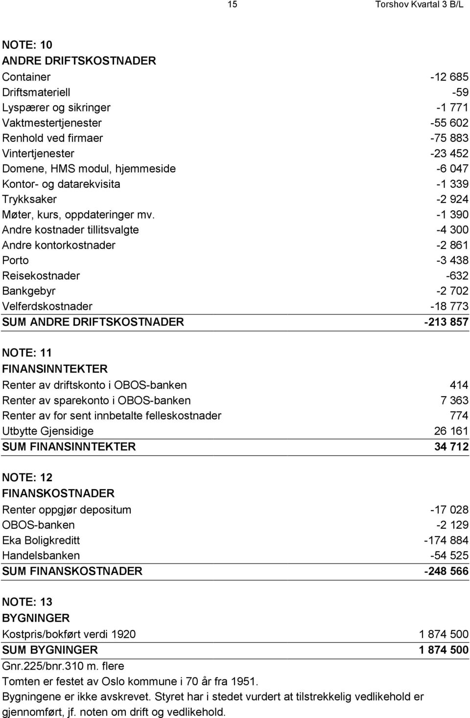 -1 390 Andre kostnader tillitsvalgte -4 300 Andre kontorkostnader -2 861 Porto -3 438 Reisekostnader -632 Bankgebyr -2 702 Velferdskostnader -18 773 SUM ANDRE DRIFTSKOSTNADER -213 857 NOTE: 11