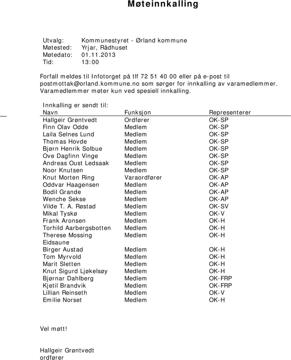 Innkalling er sendt til: Navn Funksjon Representerer Hallgeir Grøntvedt Ordfører OK-SP Finn Olav Odde Medlem OK-SP Laila Selnes Lund Medlem OK-SP Thomas Hovde Medlem OK-SP Bjørn Henrik Solbue Medlem