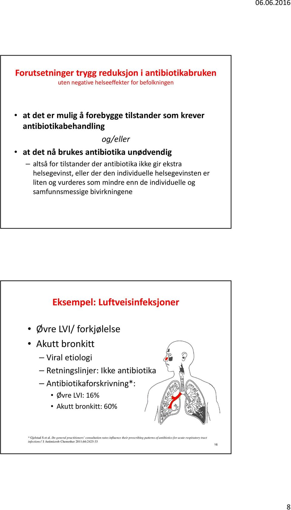 samfunnsmessige bivirkningene Eksempel: Luftveisinfeksjoner Øvre LVI/ forkjølelse Akutt bronkitt Viral etiologi Retningslinjer: Ikke antibiotika Antibiotikaforskrivning*: Øvre LVI: 16% Akutt